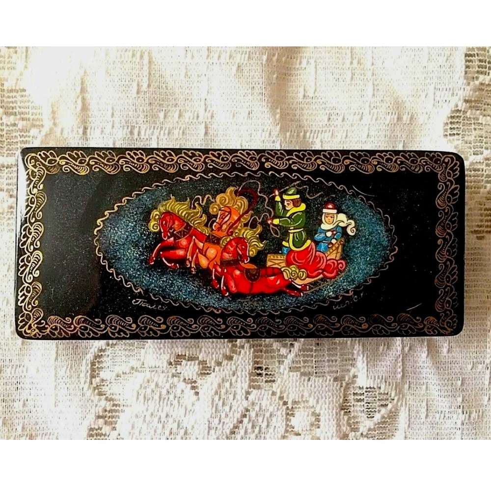 Antique Vintage Russian Hand Painted Signed Christmas Santa Sleigh Box